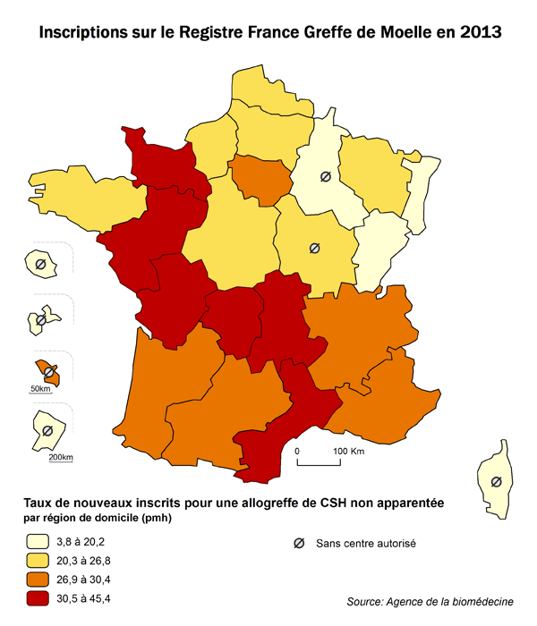 Figure CSH R5. Taux de patients inscrits pour une allogreffe de CSH non apparentée en 2013, par région de domicile